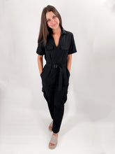 Load image into Gallery viewer, HIT THE ROAD BELTED BLACK JUMPSUIT
