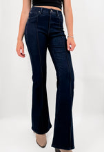 Load image into Gallery viewer, HELLO DARLIN’ DARK WASH PINTUCK FLARE JEANS
