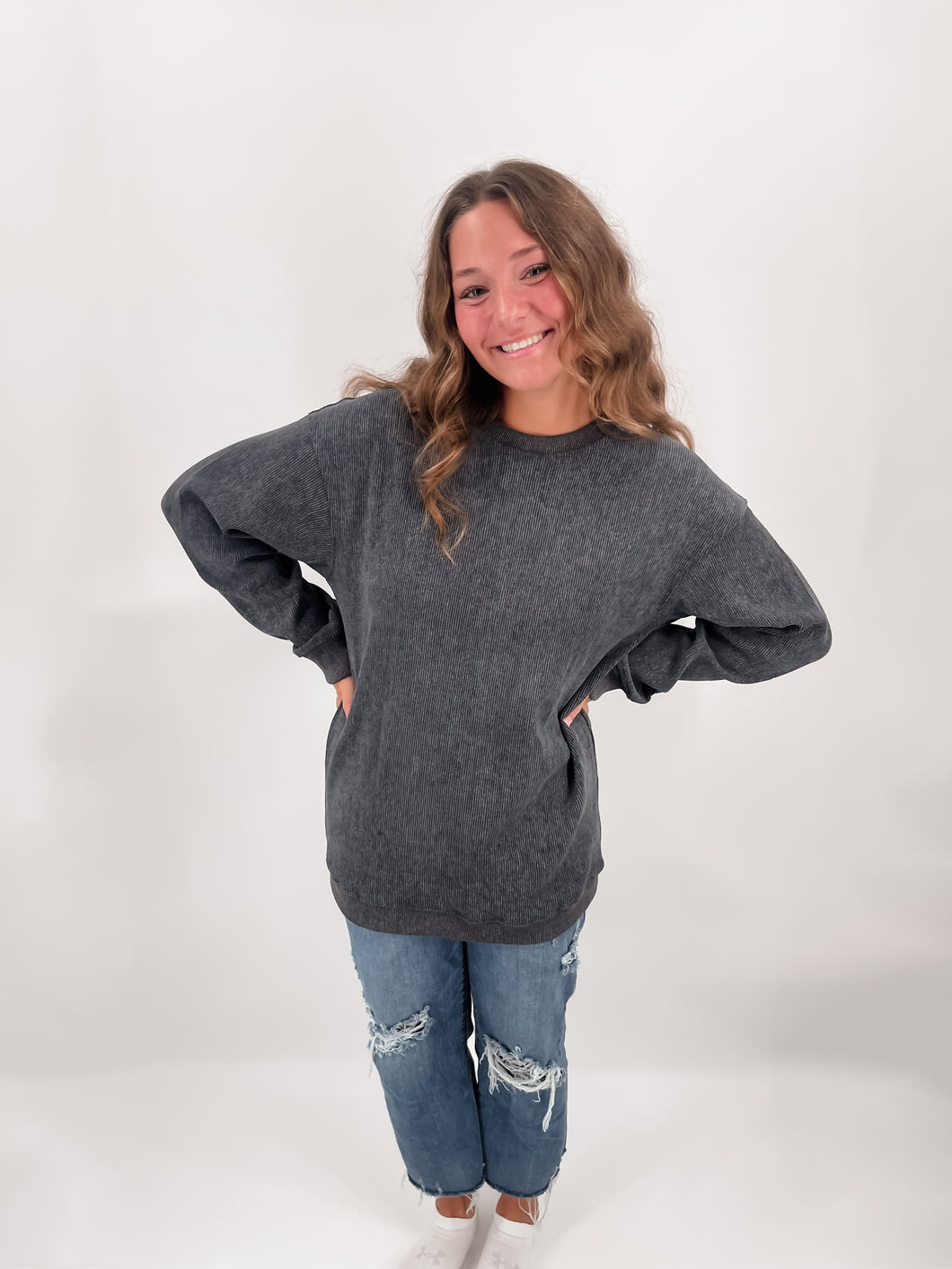 LIVE SIMPLY GRAY RIBBED SWEATSHIRT