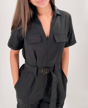 Load image into Gallery viewer, HIT THE ROAD BELTED BLACK JUMPSUIT
