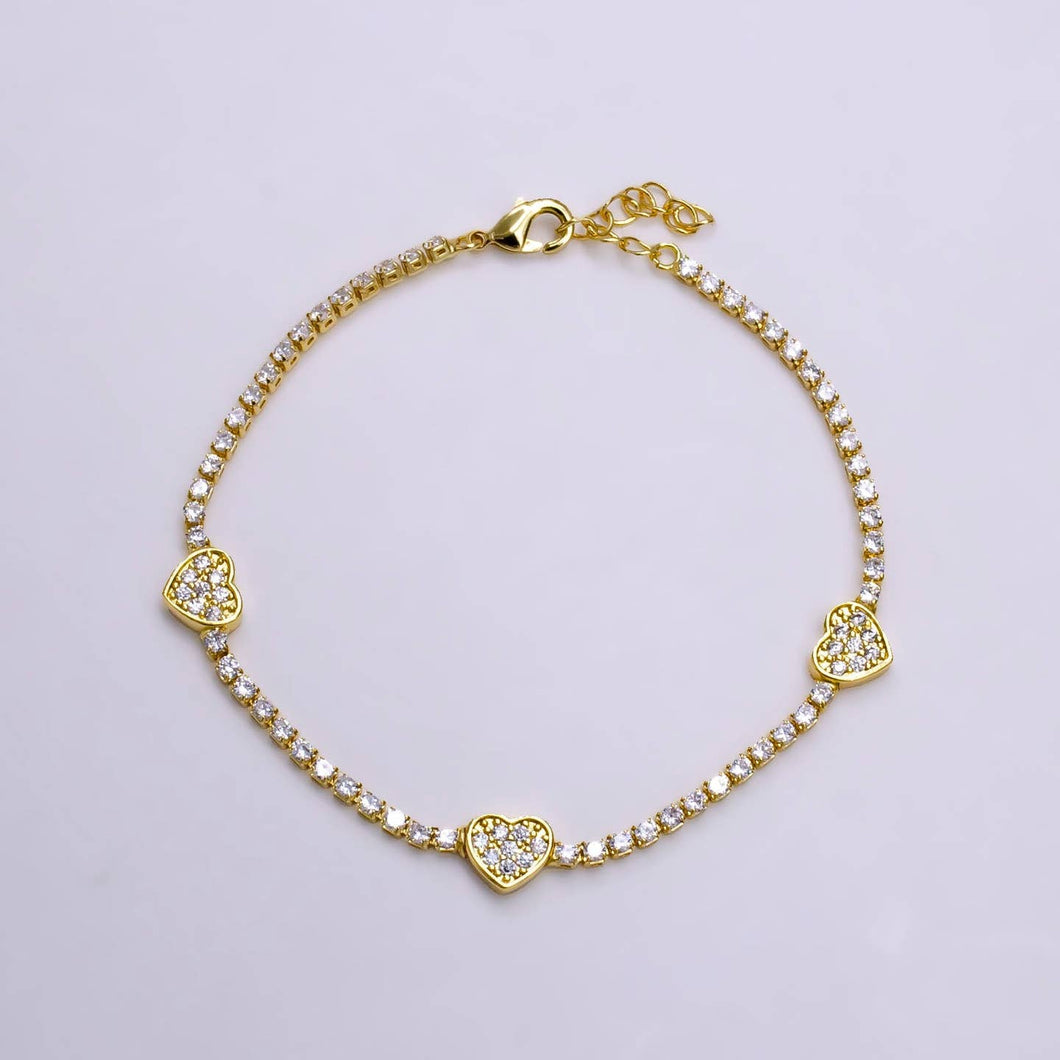 GOLD FILLED CLEAR CZ HEART TENNIS CHAIN BRACELET