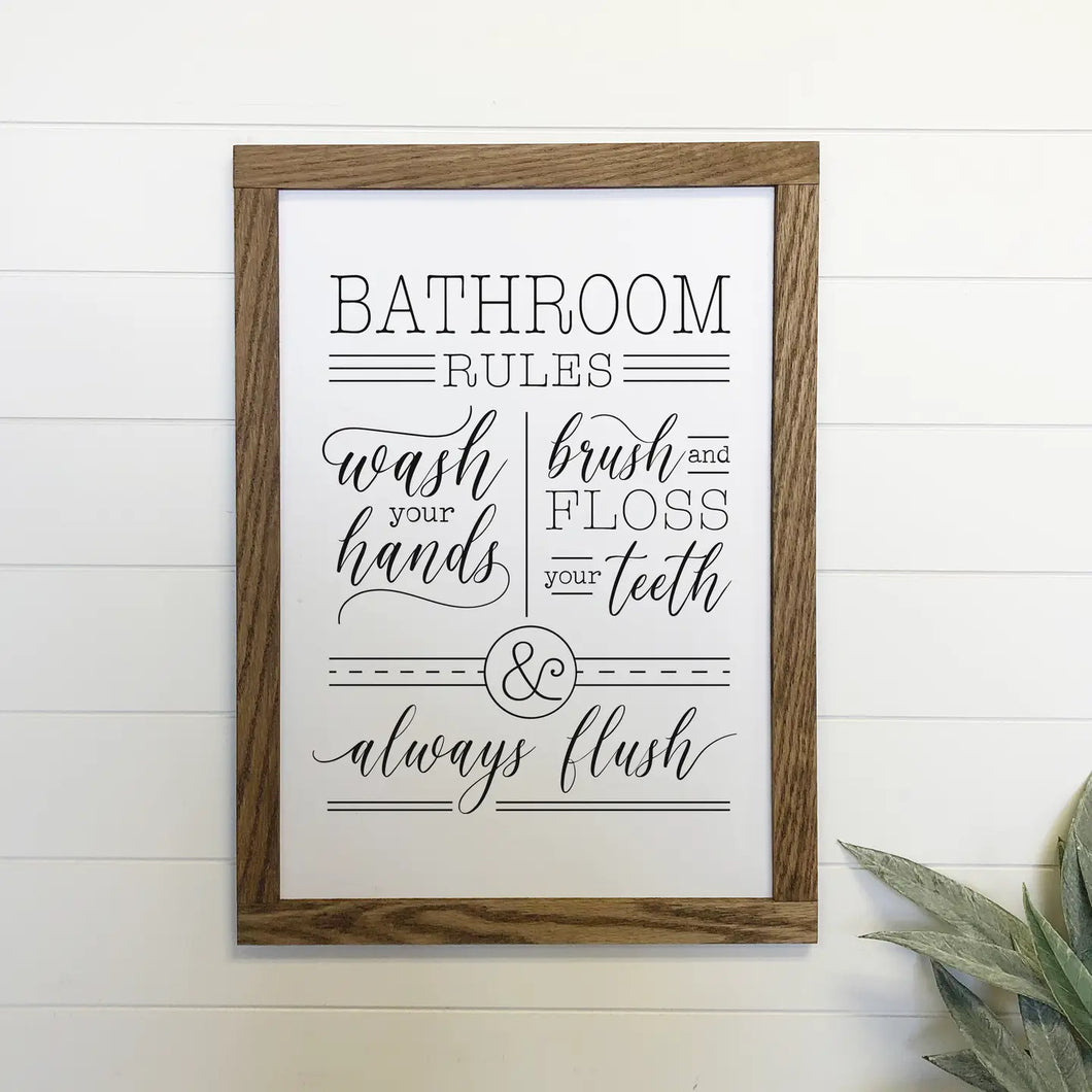 BATHROOM RULES WOOD FRAMED CANVAS [12X18