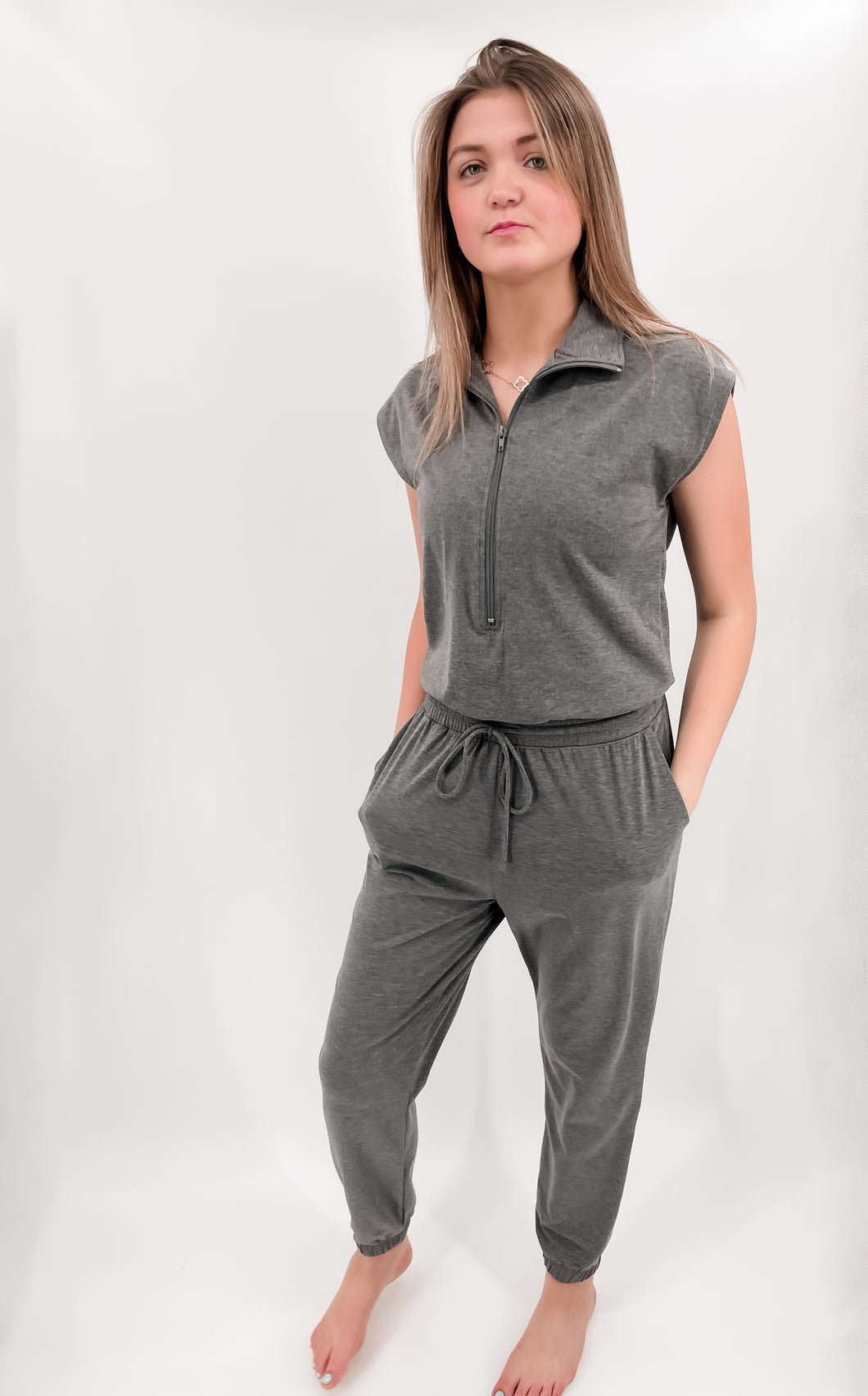 OUT AND ABOUT COLLARED CHARCOAL GREY JUMPSUIT