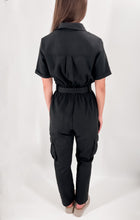 Load image into Gallery viewer, HIT THE ROAD BELTED BLACK JUMPSUIT
