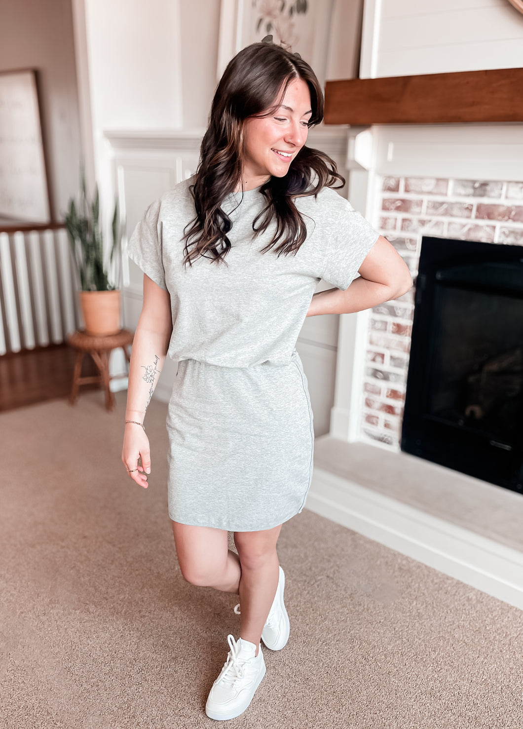 MY OWN JOURNEY HEATHER GREY CINCHED WAIST MINI DRESS