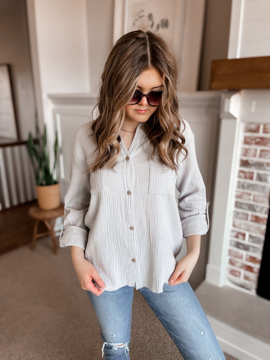 YOUR NEXT OBSESSION GREY GAUZE KNIT BUTTON UP