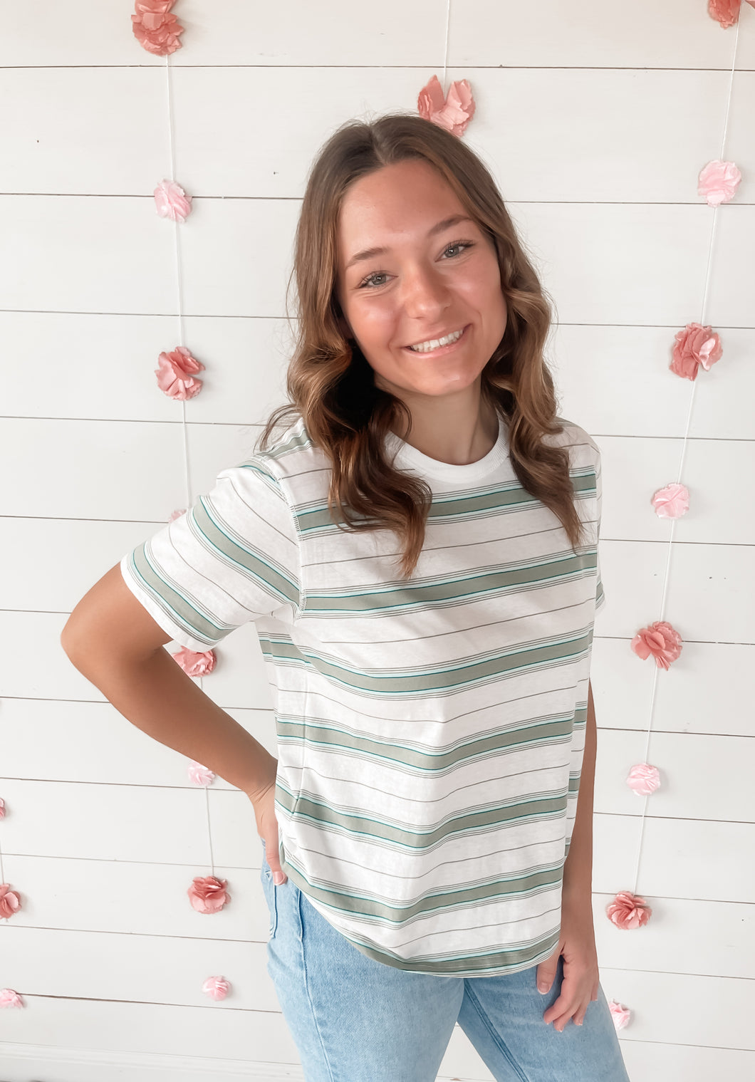 BACK FOR YOU STRIPED OLIVE SAGE TEE