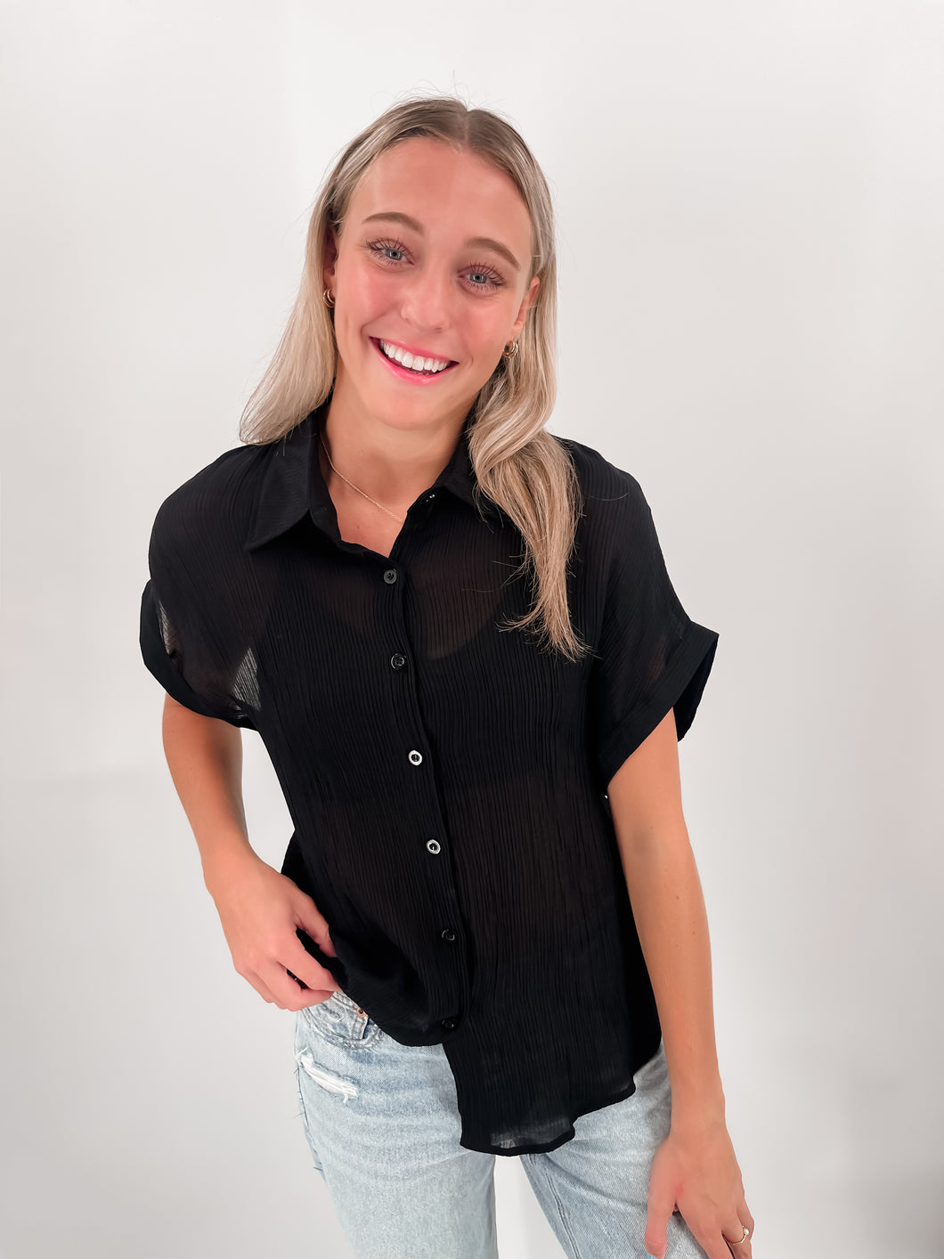 DON'T RUSH SHEER COTTON BUTTON DOWN SHIRT [BLACK]