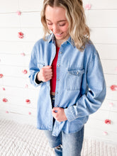 Load image into Gallery viewer, WHEN IN DOUBT LIGHT WASH DENIM BUTTON UP
