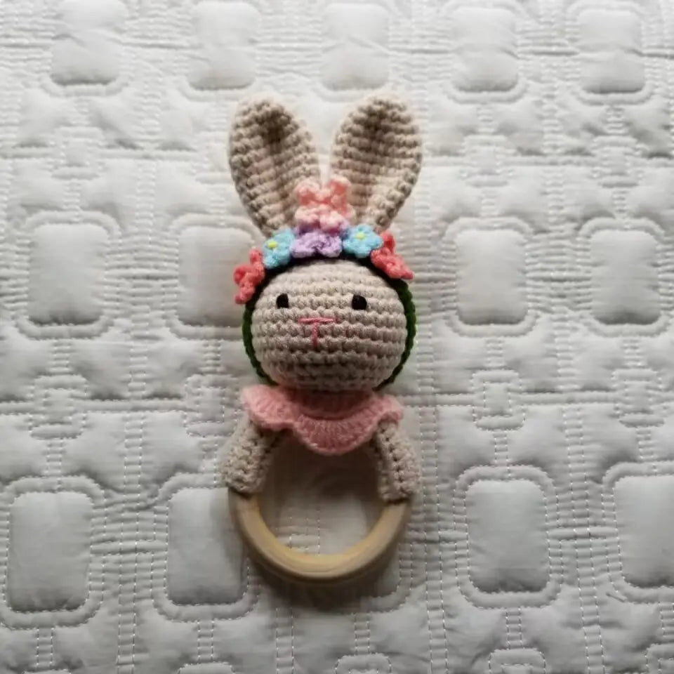 KNIT FLORAL BUNNY HAND RATTLE