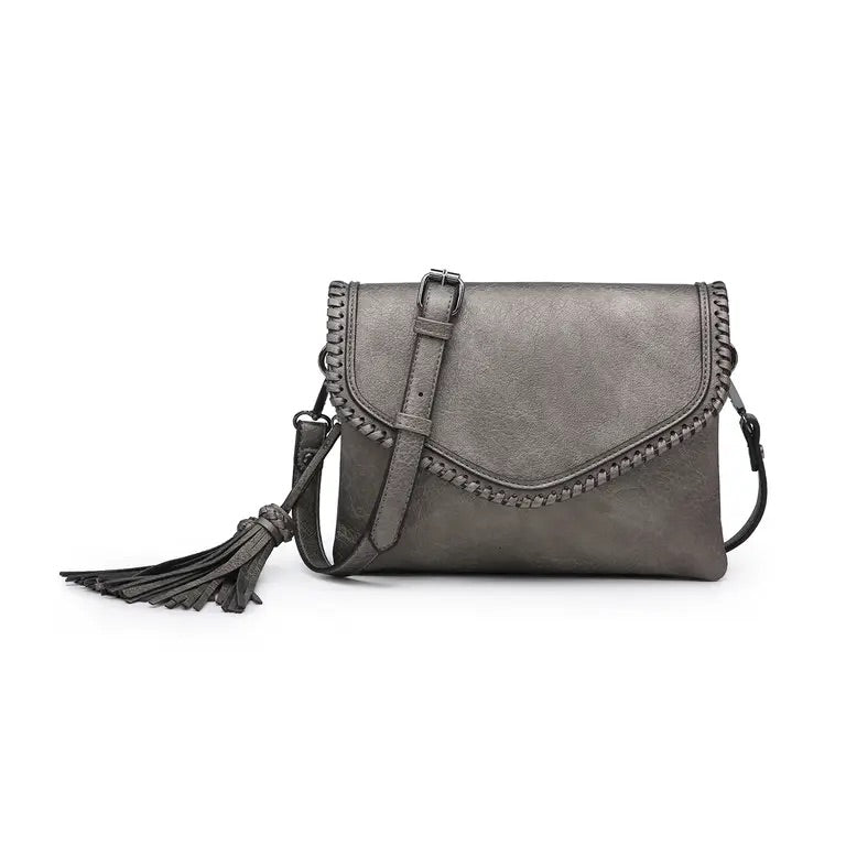 SLOANE PEWTER CROSSBODY BAG WITH WHIPSTITCH AND TASSEL